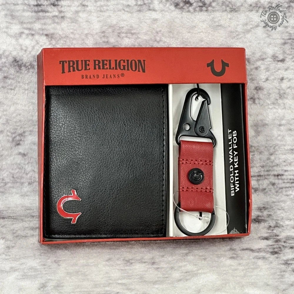 NIB‎ True Religion Bifold Black Wallet Horseshoe Red Key Fob Gift Set MSRP $60